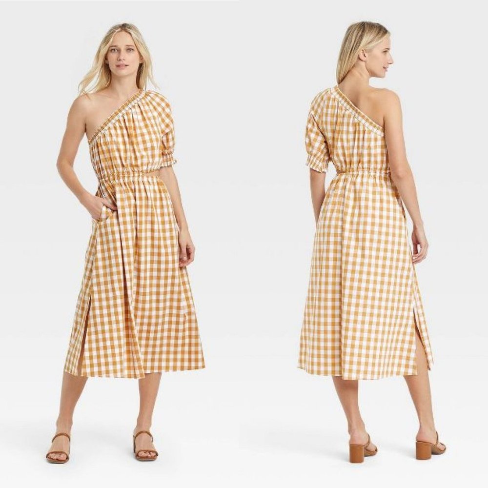 Who What Wear One Shoulder Short Smock Puff Sleeve Honey Gingham Cut Out Dress